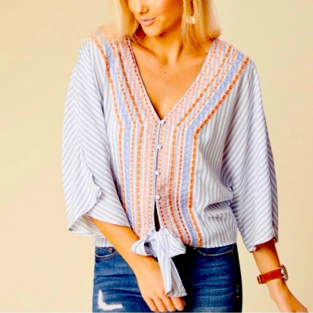 Altar'd State Blue and Orange Striped Embroidered Blouse